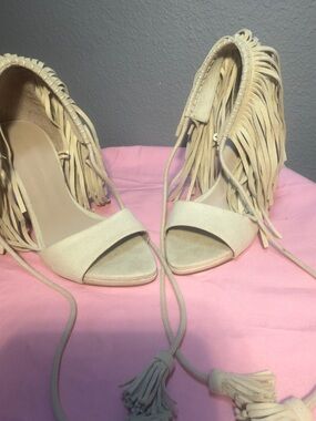 Zara Cream Fringe Lace-Up Open-Toe Heels